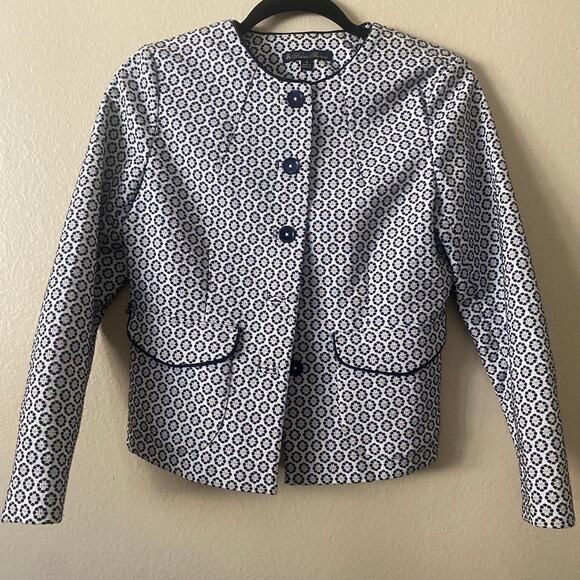 Brooks Brothers Petite Floral Jacquard Cropped Jacket Blazer Blue White SZ 4 - Picture 3 of 12